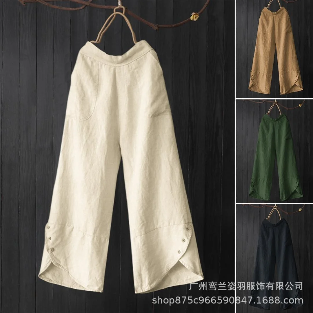 

High waist large loose pocket button irregular women's casual pants