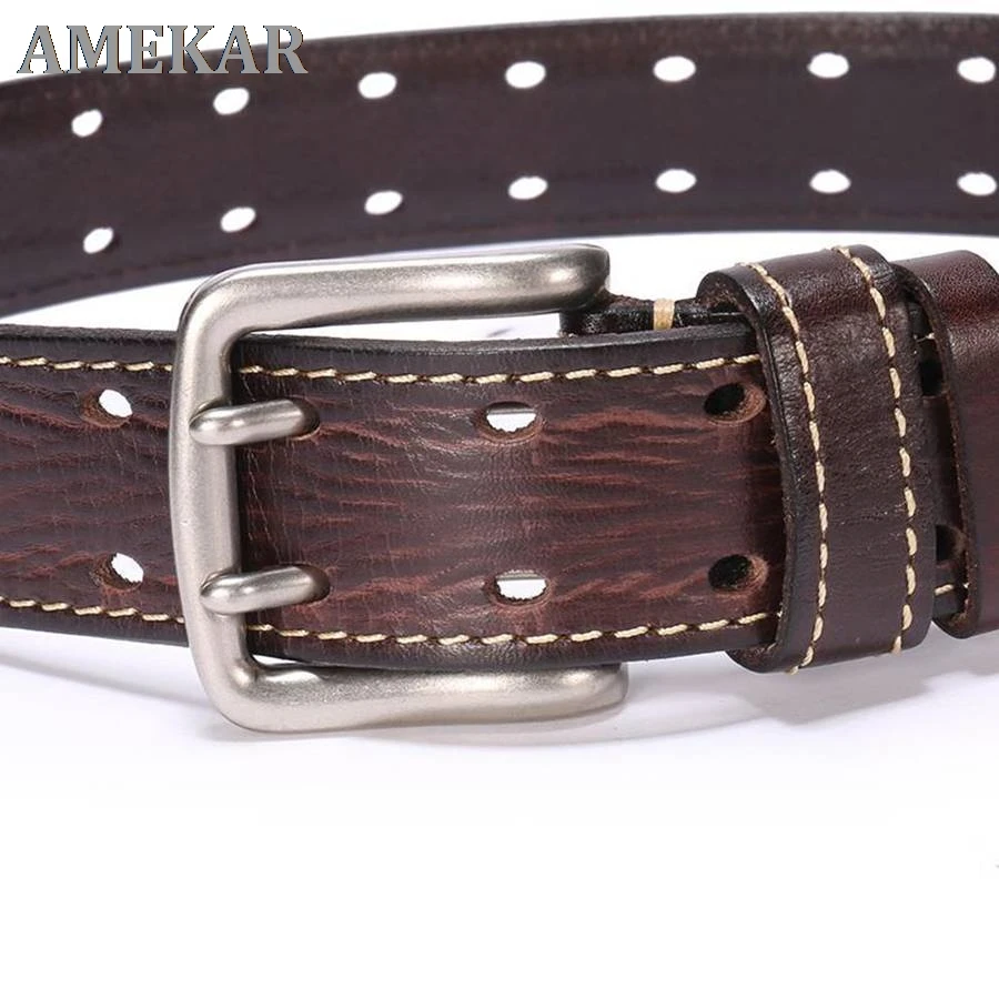 

Men's Leather Double Prong Belt New Leather Belts for Men Classic Double Row Hole Belt Universal Hollowed Out Belt Jeans