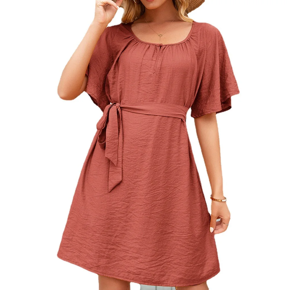 

Summer New Style Women's Lace-Up Waist Short Sleeve Round Neck Dress Women Casual Solid Color With Belt A-Line Mini Dress