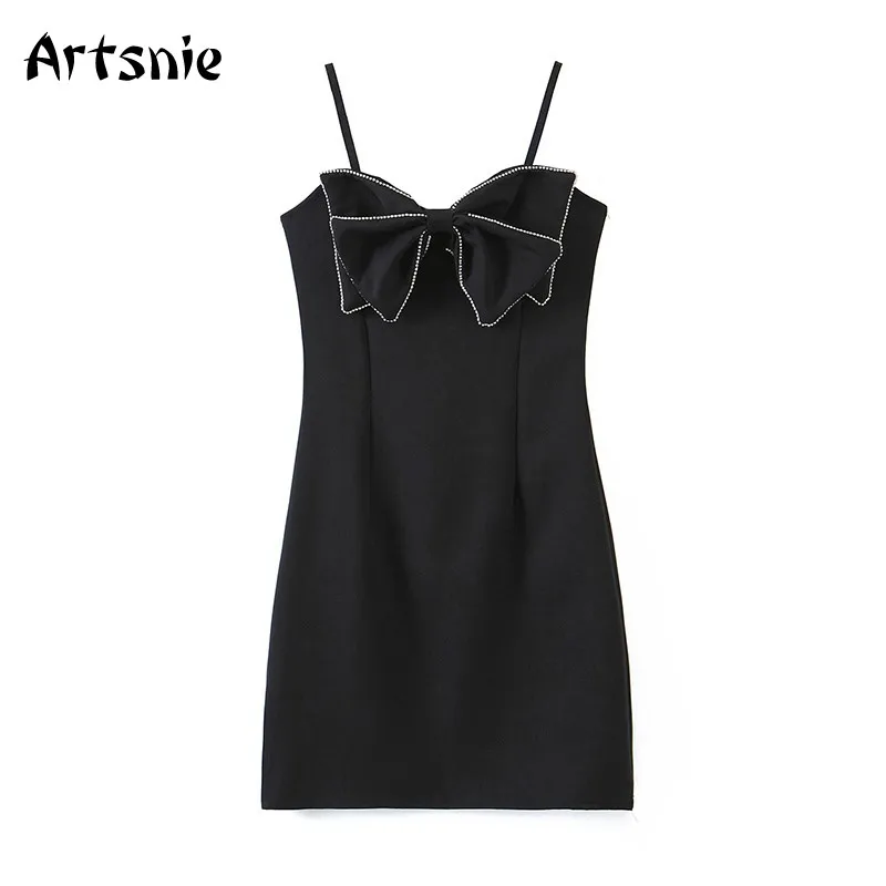 

Artsnie Bow High Waist A Line Dress Women Streetwear Summer 2021 Strap Sleeveless V Neck Black Ladies Mini Dresses Vestidos