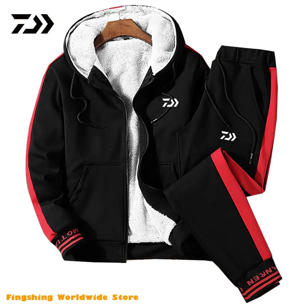 

Мужской спортивный костюм, зимняя одежда, комплект из 2 предметов, толстовка с капюшоном и штаны DAIWA Fishing, мужской теплый комплект одежды для ...