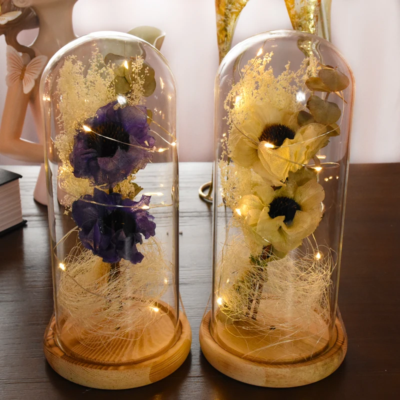 

Eternal Flower Valentine's Day Gift for Girlfriend LED Light Flower Decor with Vase Wedding Flowers In Glass Cover Home Decor