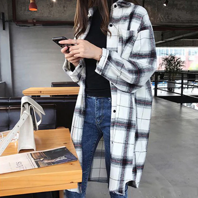 Women Autumn New Retro Loose Black &amp White Plaid Blouse Lapel Long Sleeve Casual Summer Mid-Long Blouses | Женская одежда