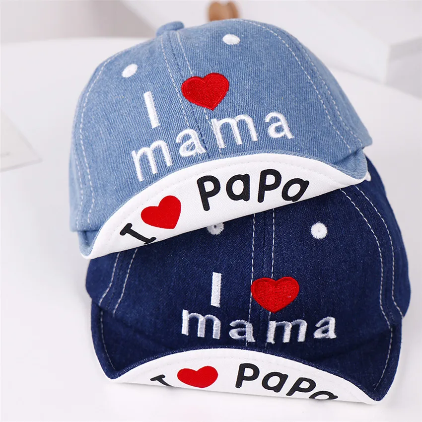 

New 2021 Denim Baby Cap Kids Boys Girls I Love mama papa Letter Embroidery Baseball Caps Summer Visor Sun Hat 6-24 Months