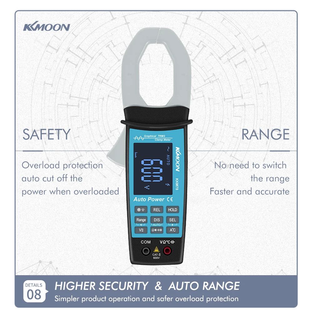 KKMOON KKM78 600V True RMS Цифровые токоизмерительные клещи с AC/A сигналов Дисплей