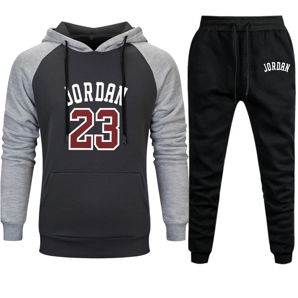 gray black6 Jordan 23 Tracksuit Men Sets Winter Hoodies Pants 2 Piece Set Fashion Hoody Mens Sweatshirt Sport Joggers Sweatpants Suit - Цвет: gray black6