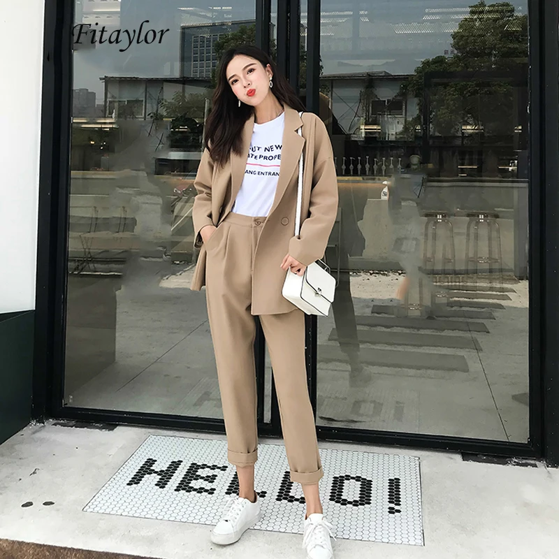 Fitaylor женские брючные костюмы Осенний Повседневный однотонный пиджак с отложным