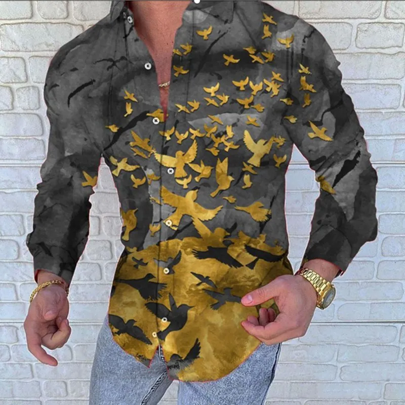Autumn New Rose Mens Shirt Hawaiian Casual Printing Slim Long Sleeve Turn-Down Collar Button Party a shirt