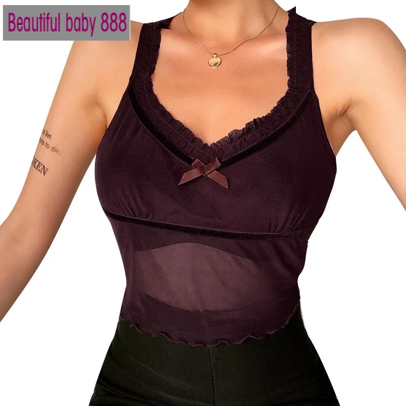 

Женский облегающий Топ без рукавов Meqeiss, Готическая летняя кружевная майка Y2k, пикантный плиссированный лоскутный топ с прозрачной сеткой и ...