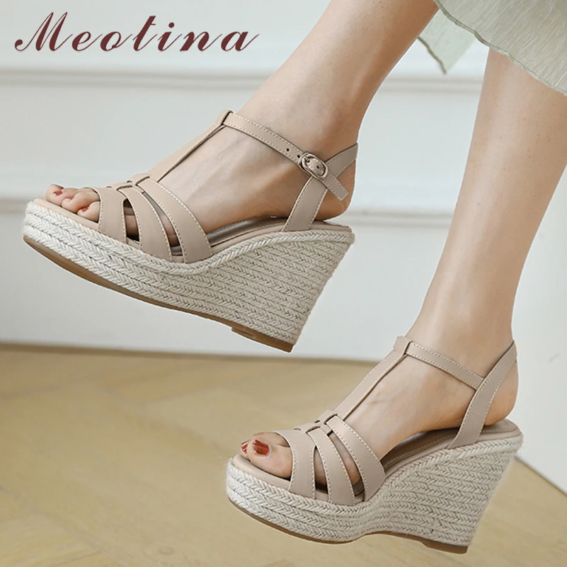 

Meotina Shoes Women Genuine Leather Sandals Wedges Super High Heel Sandals Espadrille Shoes T-Tied Square Toe Sandals Summer