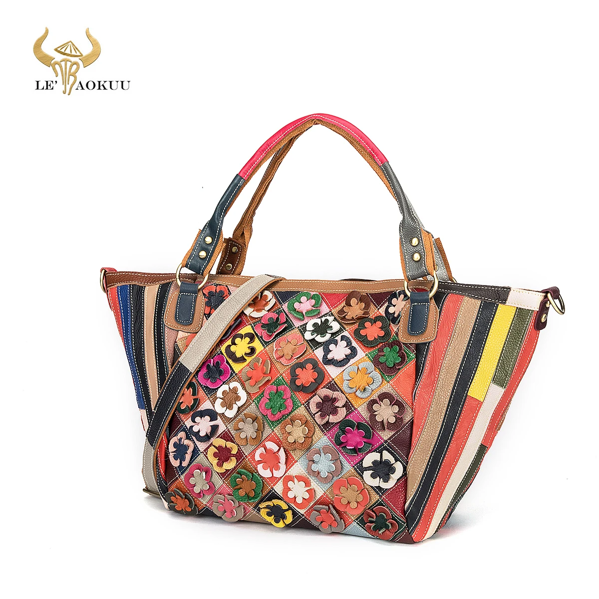 Multi-Color Genuine Leather Luxury Brand Ladies Flower Fashion Shopper Handbag Shoulder bag Women Designer Female Tote bag 573