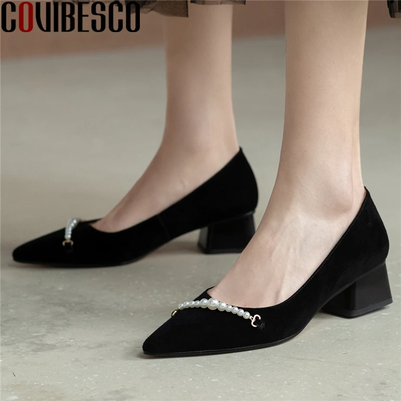 

COVIBESCO Spring Summer Classic Women Pumps Kid Suede String Bead Concise Elegant Fashion Thick Heels Casual Working Shoes Woman
