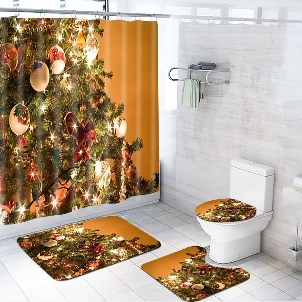 

Christmas Tree Decorations Shower Curtain Set Carpet Cover Toilet Cover Bathroom Mat Cushion Cover Bathroom Curtain Household