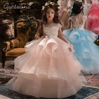 puffy tulle layers flower girl dresses lace appliques girl pageant dress bow knot girl wedding dress communion dress prom dress