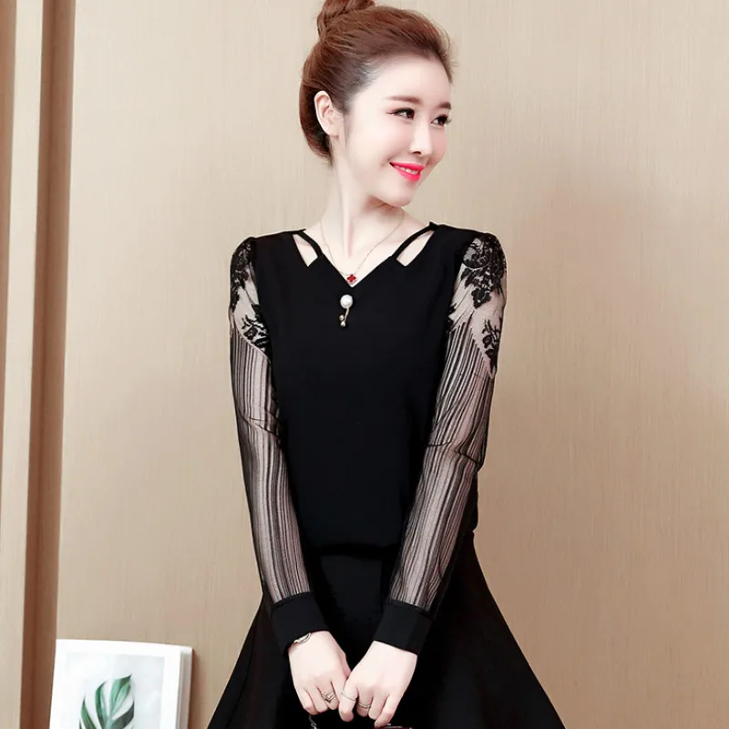 2020 кружевные женские рубашки с v-образным вырезом выдолбленные шифоновые блузки