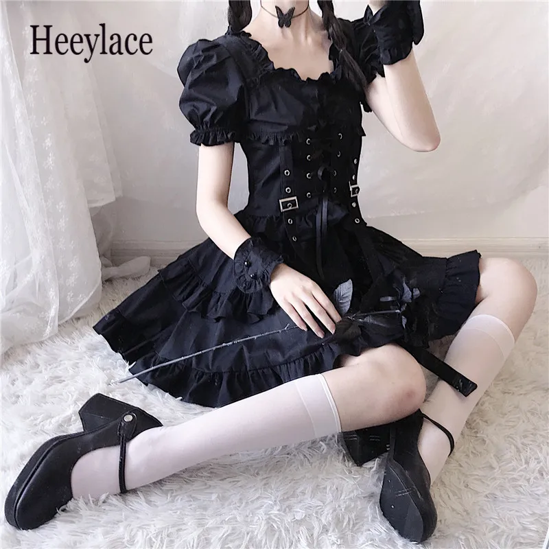 

Victorian Renaissance Black Gothic Lolita Dress Japanese Girl Vintage Punk Style Puff Sleeve Bandage Mini Dress Women Dresses
