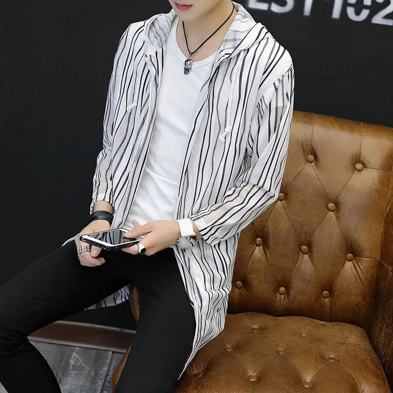 

Striped fishing suit Summer men's sunscreen coat coat coat men's trench coat long casual jacket student coat hooded jacket