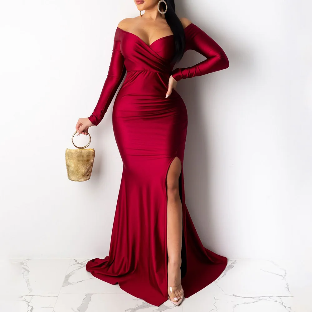Sexy Nightclub Green Evening Dress Solid Color High Slit Long Female Dresses Autumn Winter Elegant Mermaid Party | Свадьбы и