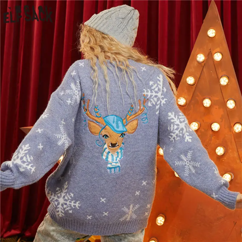 ELFSACK Red Reindeer Print Casual Knit Christmas Pullover Sweater Women 2020 Winter Snowflake Korean Long Sleeve Ladies Tops | Женская