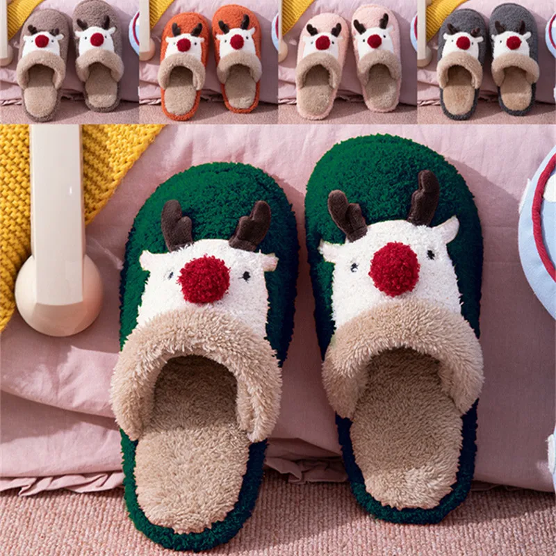 

Cotton Slippers Female Winter Cute Cartoon Antlers Couple Soft Bottom Indoor Non-slip Home Furry Shoes Christmas Deer Woman Shoe