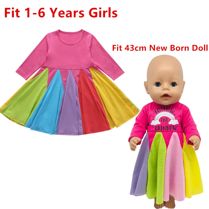 

Doll and Girl Matching Pink Long Sleeve Crew Neck Color Contrast Rainbow Dress for Girls and 18" American Dolls Clothes