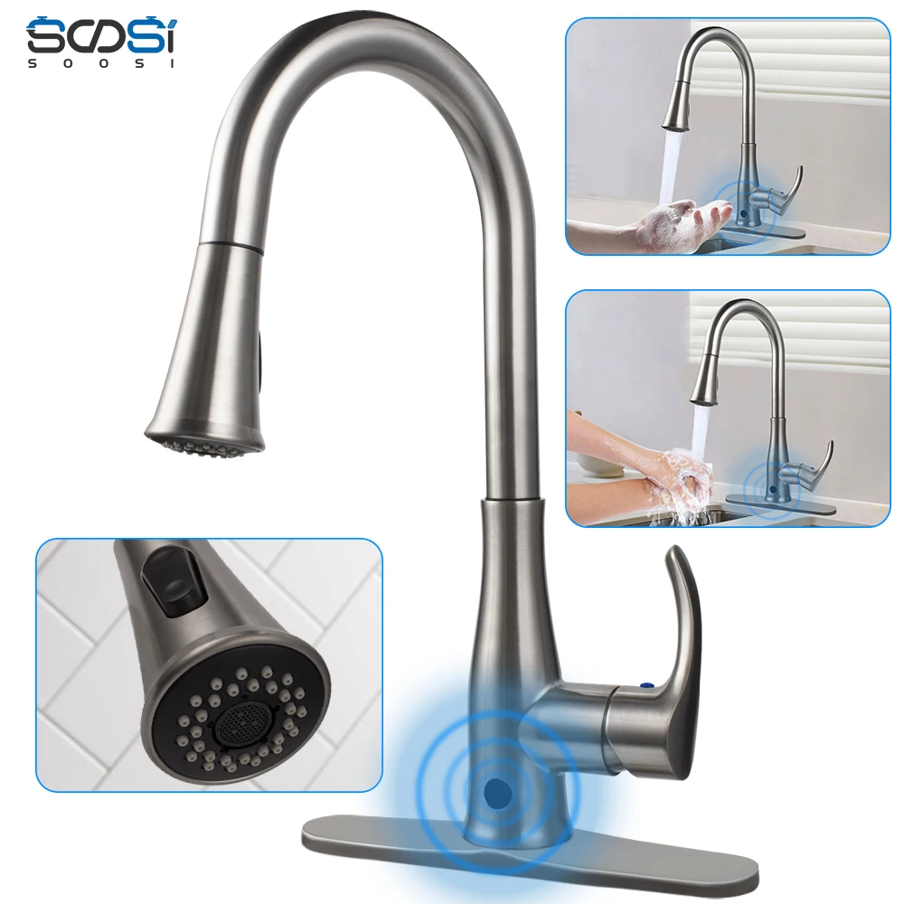 

Faucets Kitchen Brush Brass Induction Faucets for Kitchen Sink Single Lever Pull Out Spring Spout Mixers Tap Hot Cold Water 2020