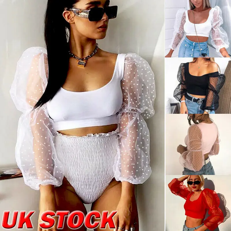 

UK Women See-through Sheer Mesh Dot Blouse Puff Long Sleeve Tops