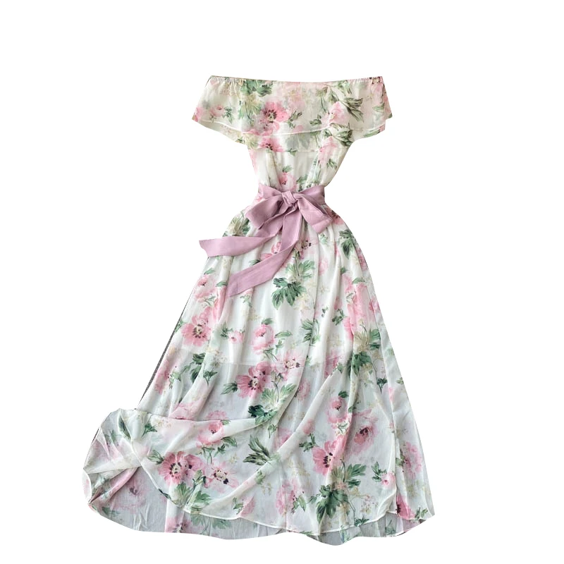 

Spring 2021 New Goddess model sexy one line shoulder lotus leaf trim medium length Print Chiffon Dress