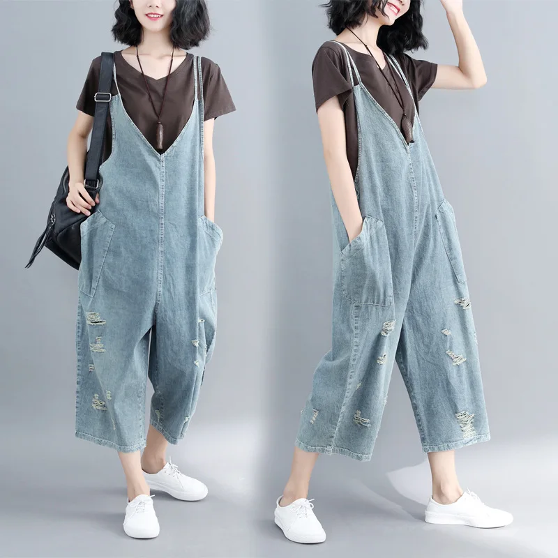 

#0152 Blue Denim Jumpsuits Women Vintage Summer Sleeveless V-neck Tops Wide Leg Jeans Bodysuit Front Pockets Casual Loose Retro