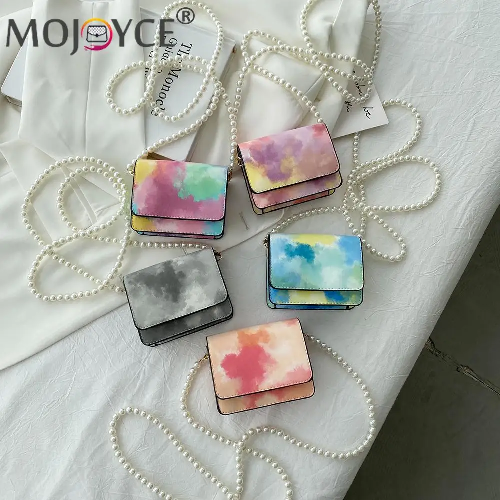 

Casual All-match Colorful PU Leather Mini Messenger Handbags Vintage Women Tie-dye Pearl Chain Shoulder Crossbody Bag