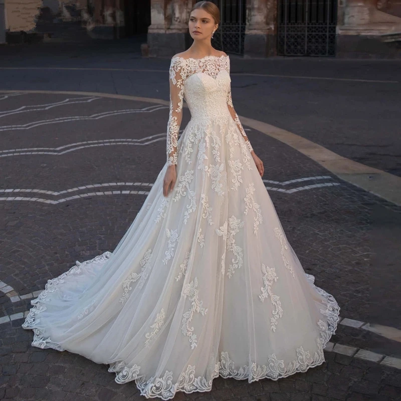 Мусульманские свадебные платья ТРАПЕЦИЕВИДНОЕ искусственное кружевное платье в