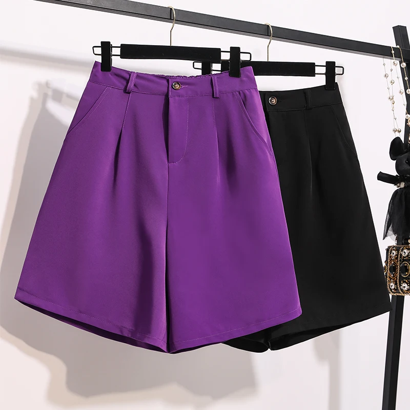

Summer Hot New High Waisted Shors Women Solid Loose Elastic Waist Straight Purple Black 4xl Womens Clothing