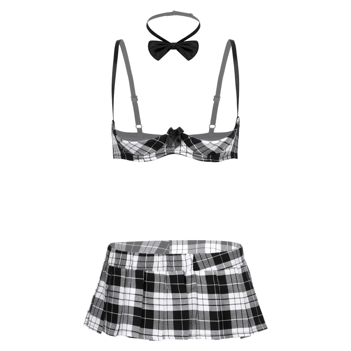 

Adult Womens Cosplay Costume Japanese Schoolgirl Uniform Sexy Clubwear Erotic Open Cup Bra with Plaid Skirt Anime Roleplay Dress