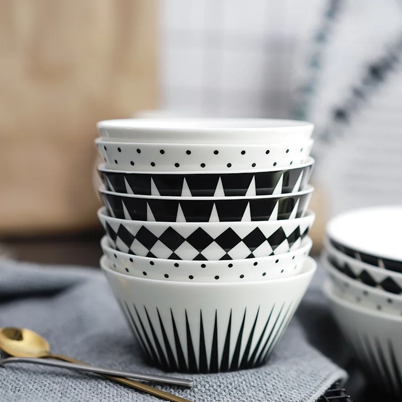 

Geometric black and white wave diamond triangle ceramic bowl rice bowl cereal bowl salad bowl dessert bowl creative ins wind
