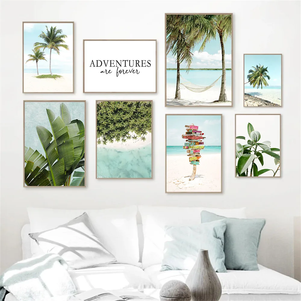 

Banana Leaf Plant Canvas Print Beach Palm Tree Hammock Poster Sea Landscape Painting Nordic Wall Art Pictures Living Room Decor