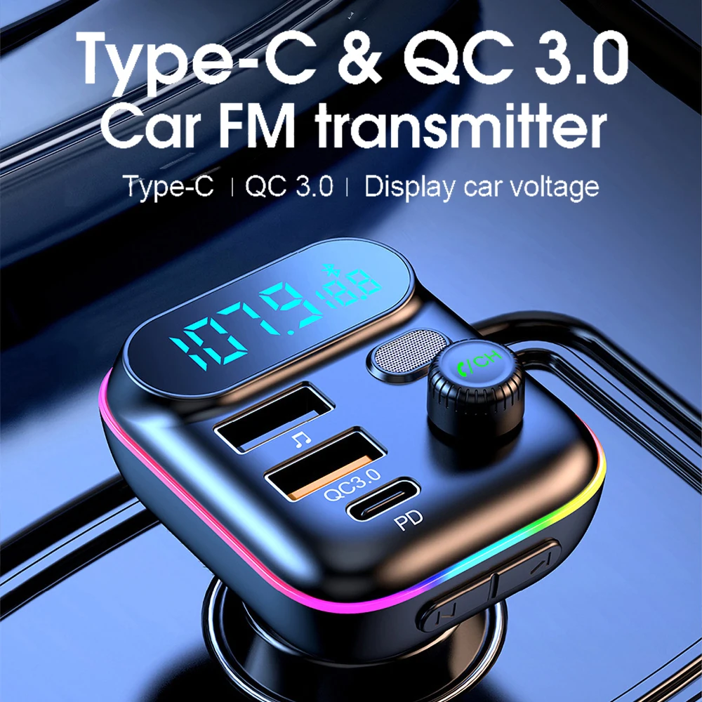 

New Car Bluetooth 5.0 FM Transmitter PD 20W USB-C QC3.0 Dual USB Charger 7-colorful Atmosphere Light MP3 Player Lossless Music