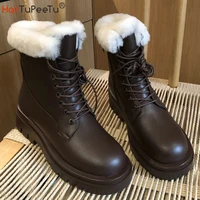 women pu leather riding ankle boot platform heel winter warm plush equestrian shoes with cross lace up side zip snowy day