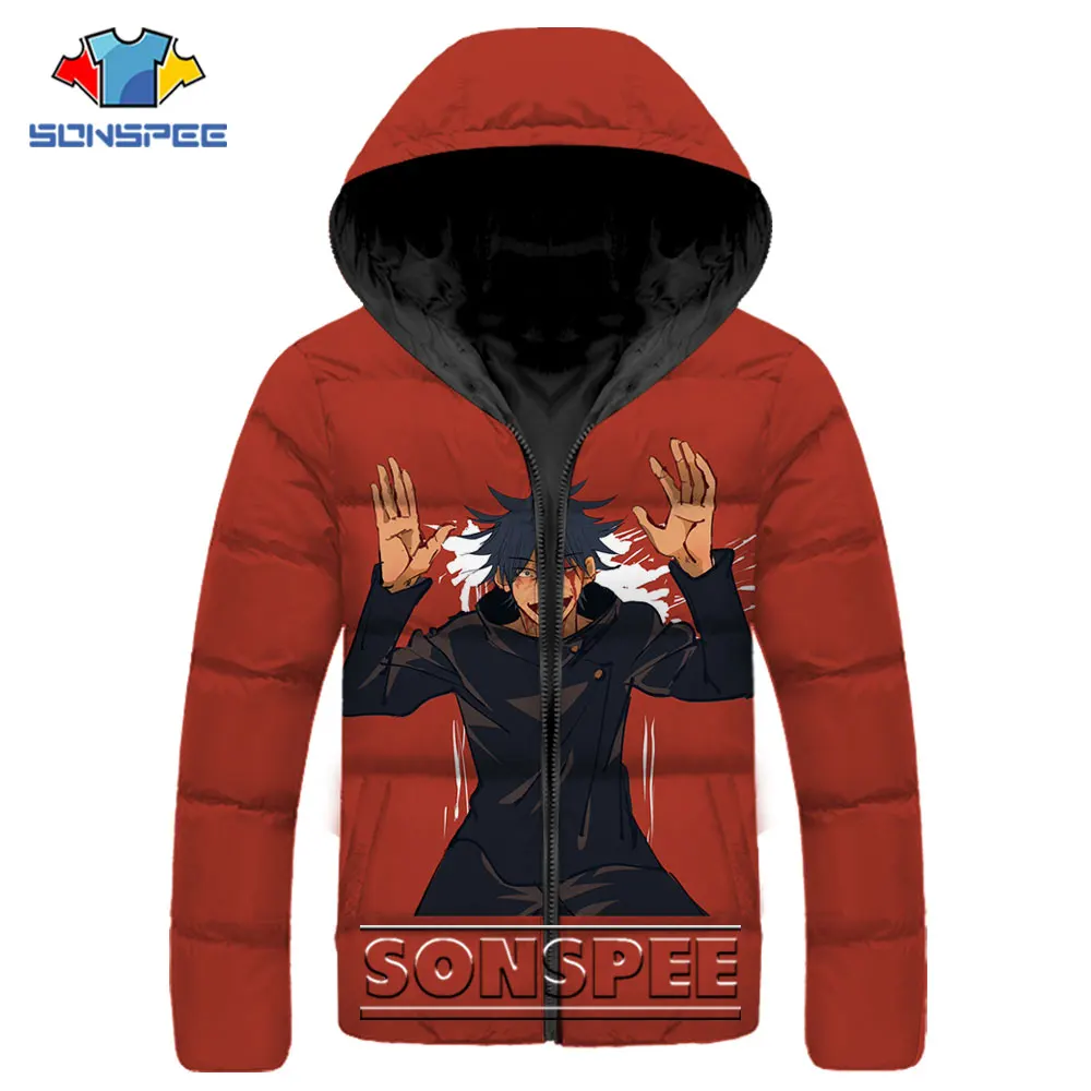 SONSPEE Jujutsu Kaisen Parkas Anime Itadori Yuji Printed Casual Hip Hop Streetwear Winter Thicken Keep Warm Hooded Jacket Coat