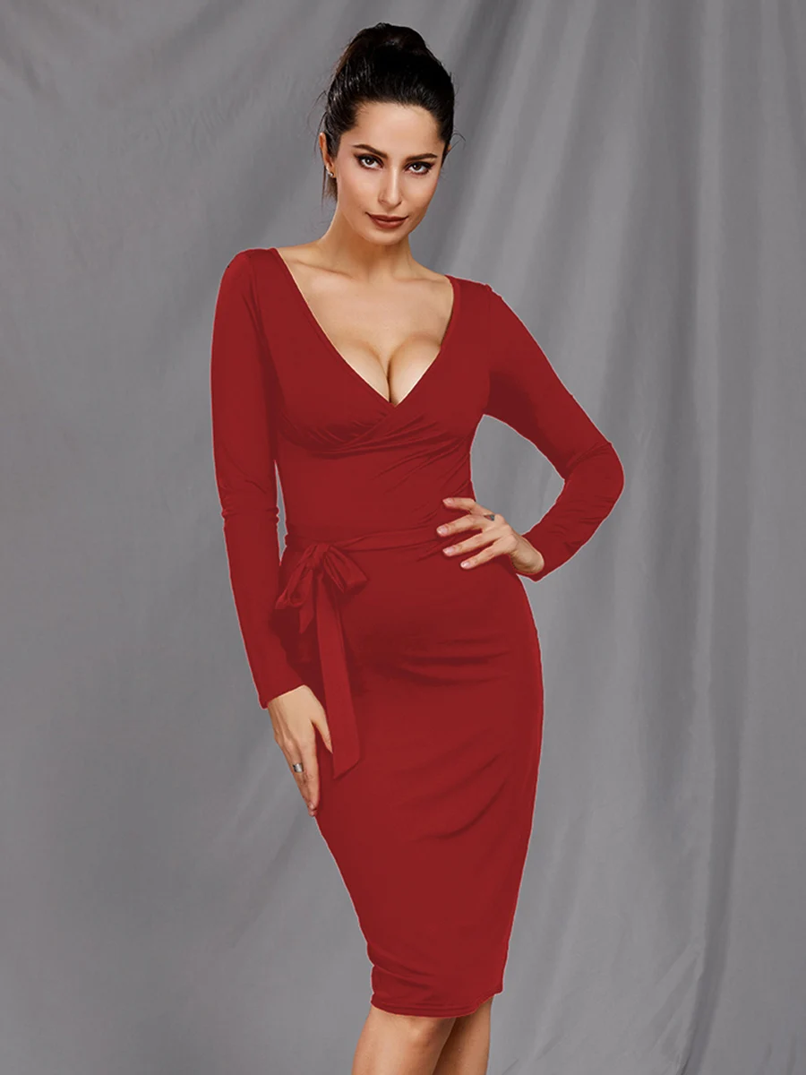 Bikitique однотонное с глубоким v образным вырезом длинным рукавом обтягивающее на