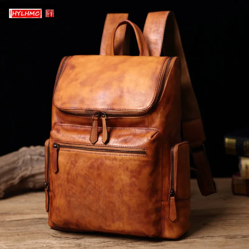 

Genuine Leather Men's Backpack Casual Portable Laptop Bag Vintage School Bags Large Capacity Travel Cow Leather Men shoulder Bag