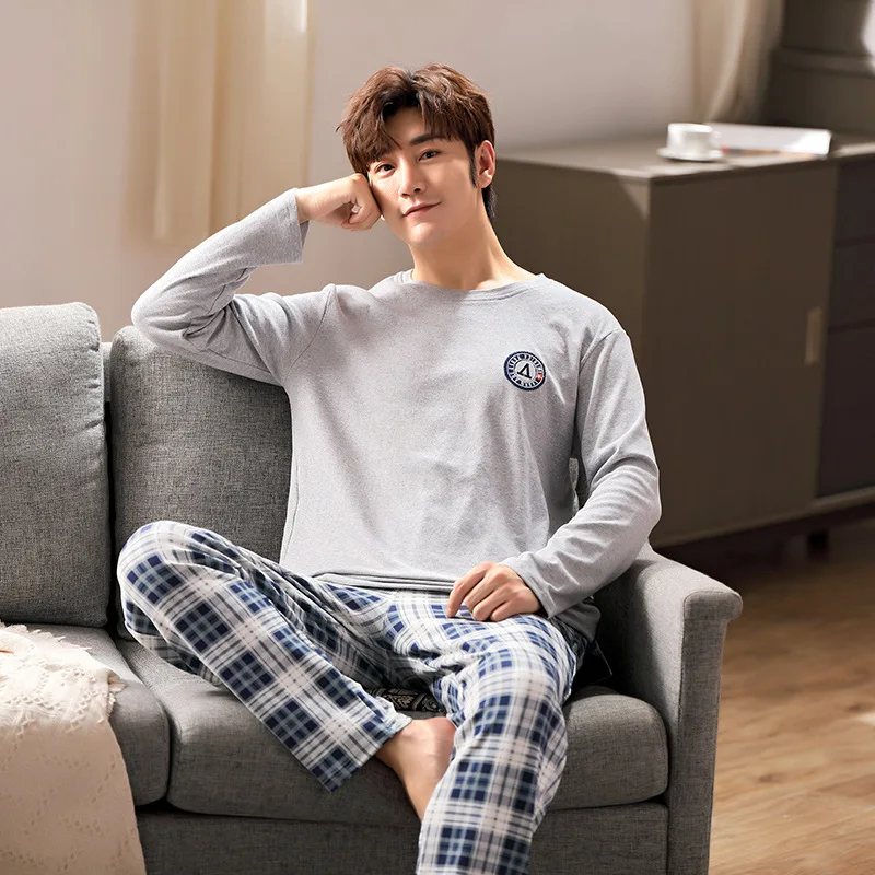 

Nightwear Men Pajama Set Cotton Big Size Pyjama Autumn Warm Long Top Pant Casual Sleepwear Suit Simple Color Matching Loungewear