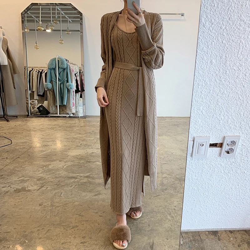 

Women's dress cardigan sweater Korean autumn winter French jacquard long cardigan sweater + knitted suspender dress set forwomen