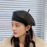 women fashion beret solid beret cap real leather beret french artist warm beanie hat female ladies all match black hat