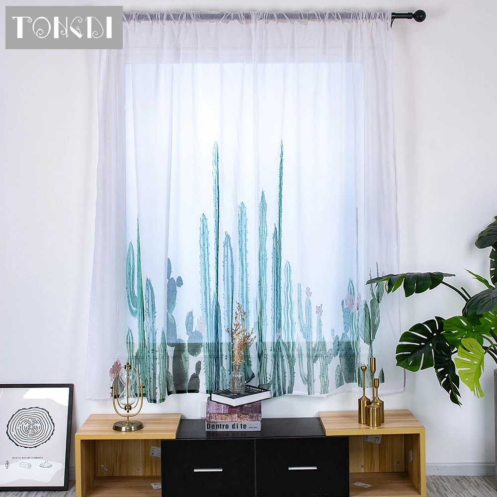 TONGDI белая Тюлевая занавеска с цифровым принтом элегантные кактусы 2 шт.