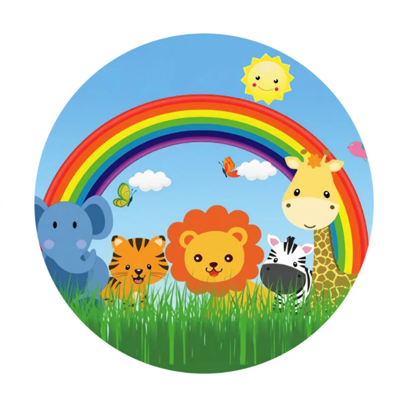 

Custom Baby Kid Happy Birthday Party Round Background Cartoon Zoo Lion Tiger Photography Backdrop Circle Stand Cover Banner