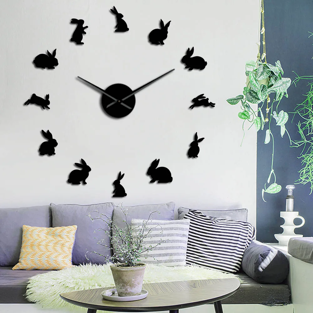 

Rabbit Shape Self Adhesive 3D DIY Wall Clock Quartz Acrylic Mirror Sticker Animals Creative Clock Watch