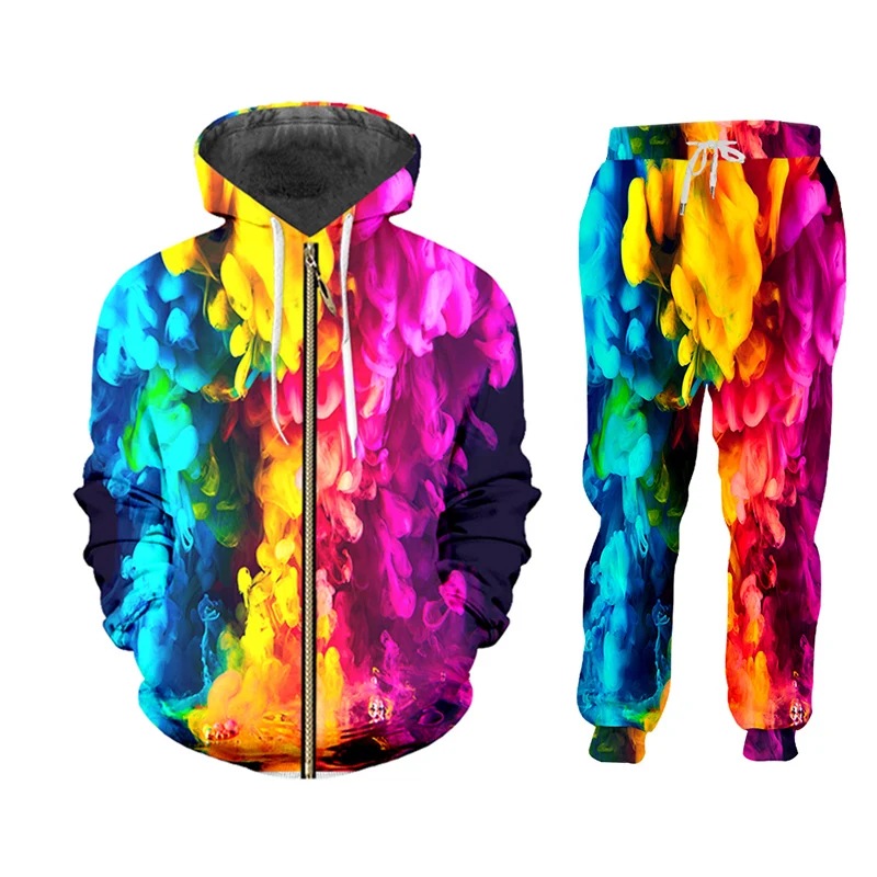 

UJWI New Hoodie Suit Sportswear Men's Sweatshirt Colorful Artistic Smoke Jogging Sportswear Sports Suit Homme Two-piece Jacket