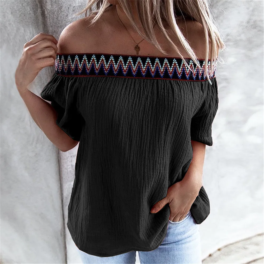 

Women Summer Blouse Slash Neck Short Sleeve Tops Casual Off The Shoulder Sexy Fashion Blouses Female Aesthetic Pullover Clothes