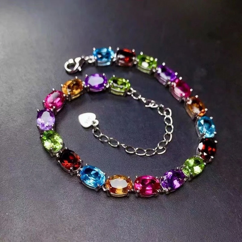 

Icnway 17cm Natural Amethyst Citrine Peridot Topaz Garnet 5x7mm Faceted Oval Gemstone S925 Sterling Silver Chain Bracelet