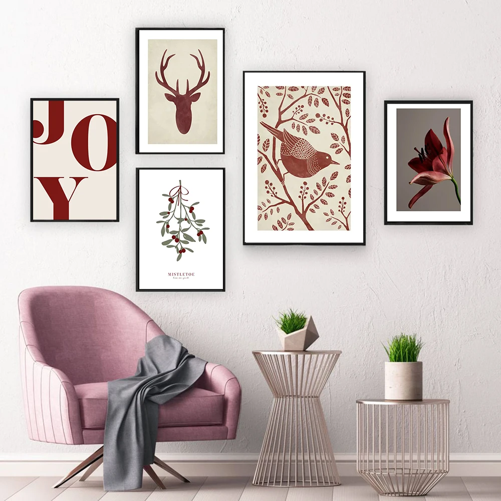 

Abstract Antlers Flower Bird Picture Canvas Painting Wall Art Poster and Print Nordic red Scenery Home Decor Living Room Design